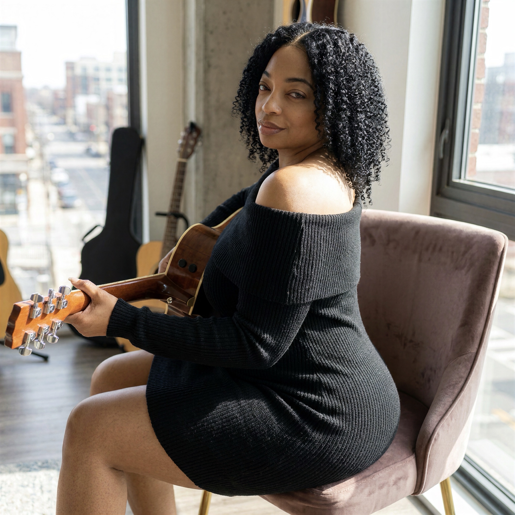 Aerdnael with an acoustic guitar by a window