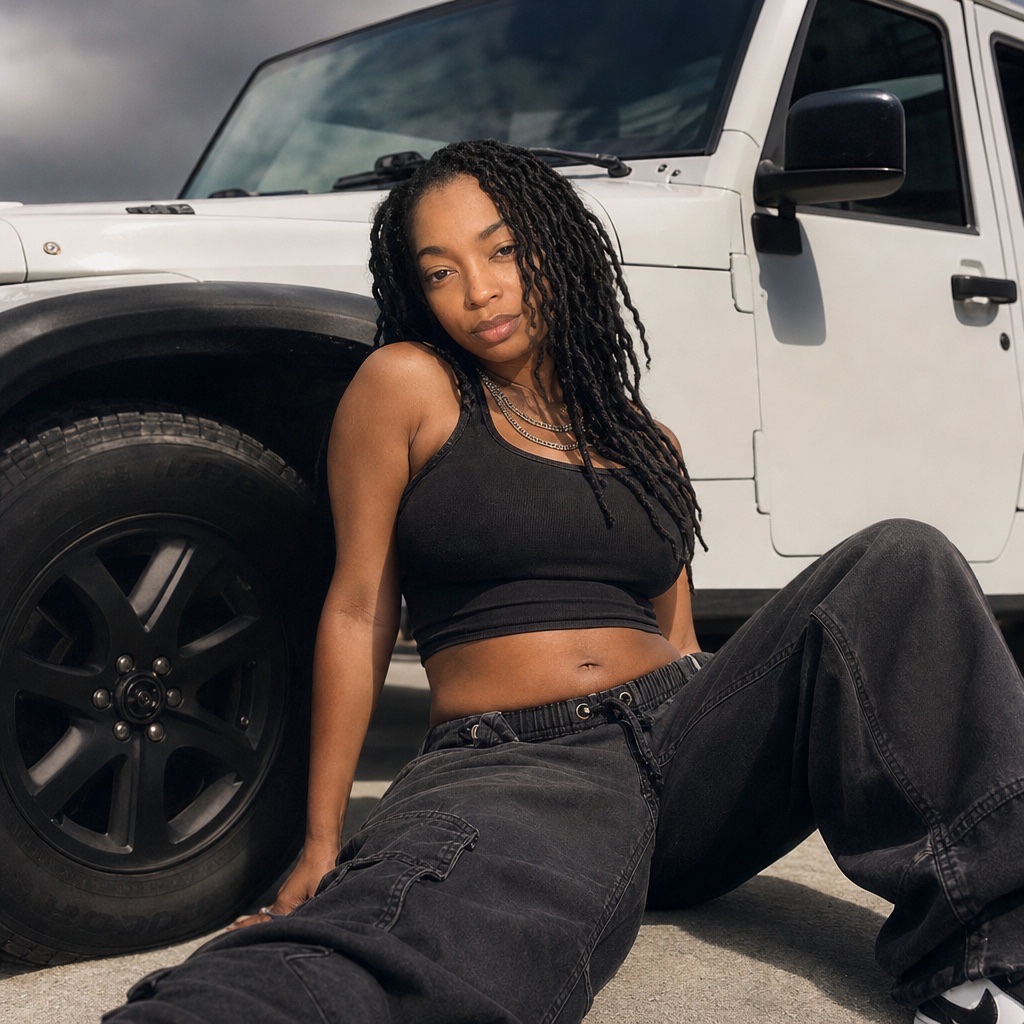 Aerdnael sitting beside a white Jeep